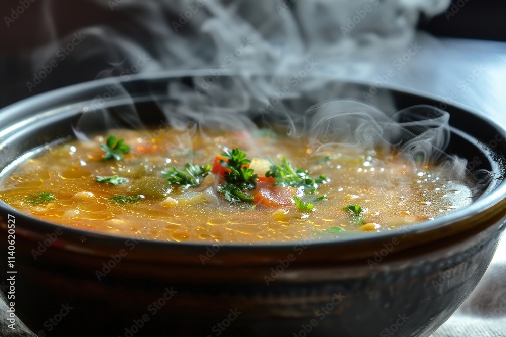 Warm and hearty stew with fresh herbs and vegetables simmering in a traditional bowl at a cozy kitchen setting during evening hours Warm and hearty stew with fresh herbs and vegetables simmering in a traditional bowl at a cozy kitchen setting during evening hours