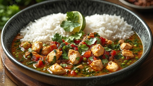 Delicious chicken curry served with fluffy white rice on an elegant black plate