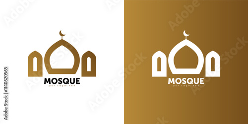 Al-Quran mosque logo. Islamic theme, gold color, mosque objects, Al-Quran, moon. , circular, simple, modern... photo