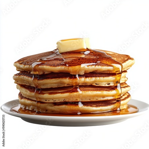 Stack of fluffy pancakes drizzled with syrup and topped with butter on a plate