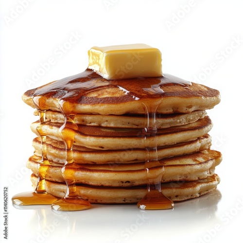 Stack of fluffy pancakes drizzled with syrup and topped with butter on a plate