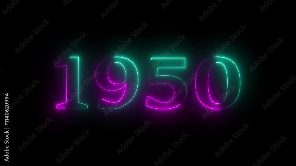 1950 neon line text. Abstract 1950 neon text animation, Glowing neon number text background 4k video.