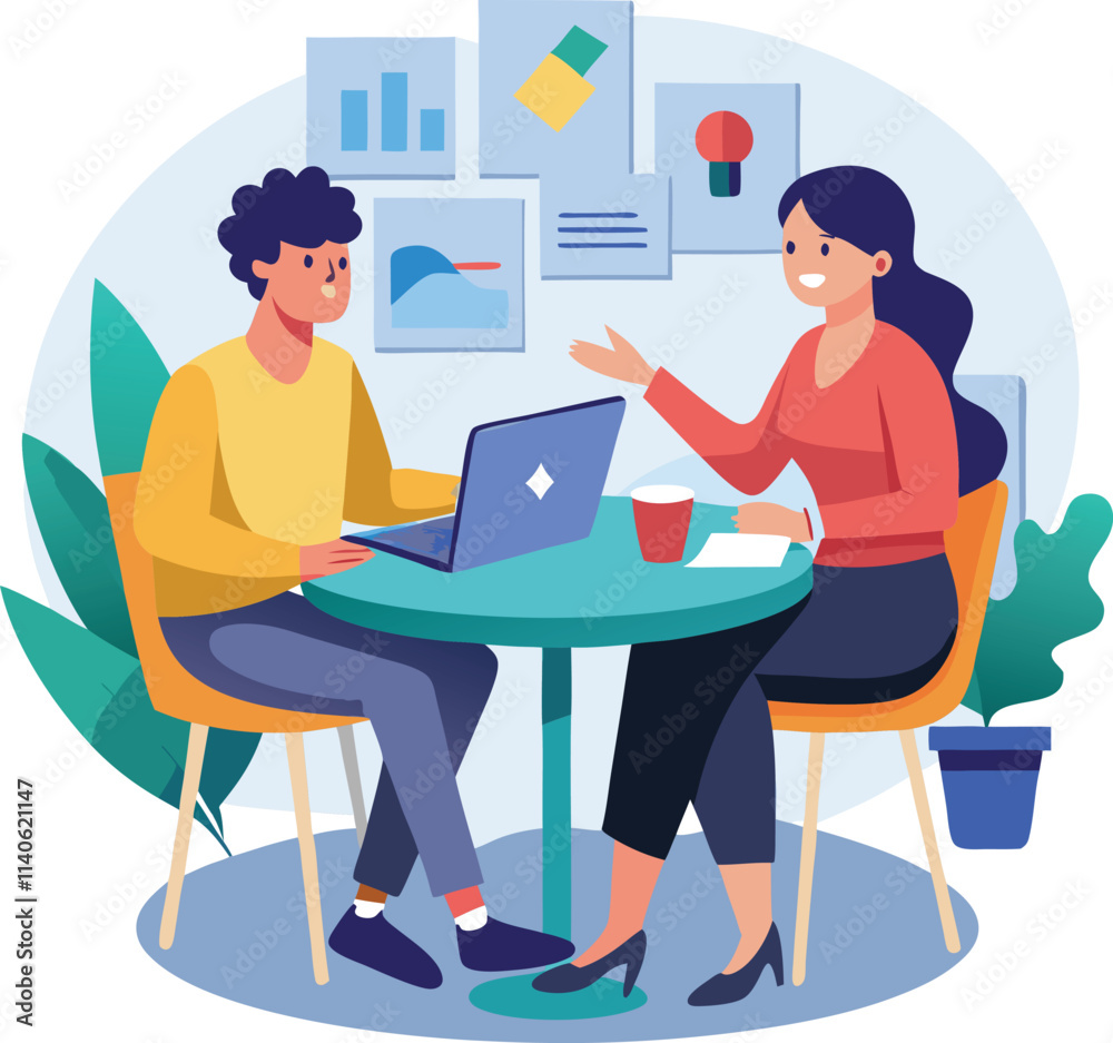 Partners meeting for business discussion with documents and laptop on desk. Couple at round table, speaking, discussing work, partnership. Flat vector on a white background Partners meeting for business discussion with documents and laptop on desk. Couple at round table, speaking, discussing work, partnership. Flat vector on a white background