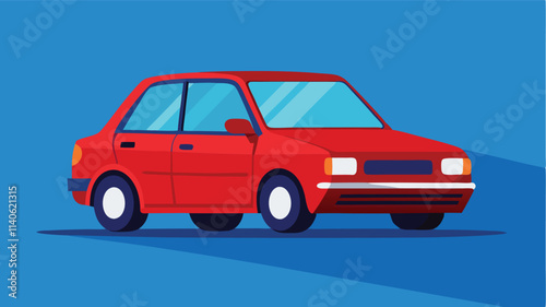 Red compact car with yellow wheels on a bright turquoise background showcases vibrant vector design and playful aesthetics