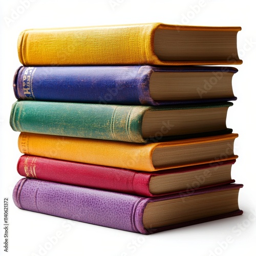 Stacked colorful books in various shades arranged neatly on a white surface