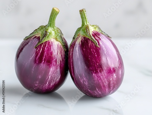 Fresh round eggplants displayed beautifully with green stems on a glossy background.