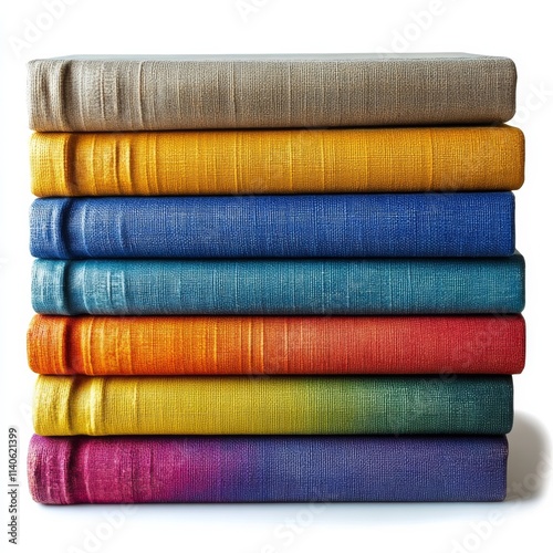 Stacked colorful books in various shades arranged neatly on a white surface