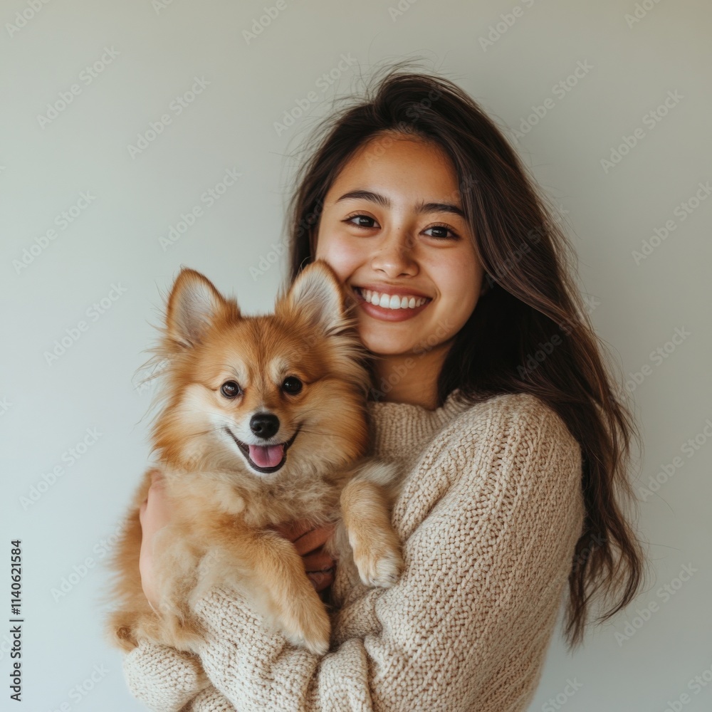 woman holding a small fluffy dog woman holding a small fluffy dog
