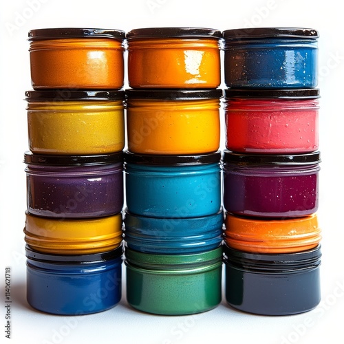 Vibrant jars of paint arranged in a colorful display on a white background