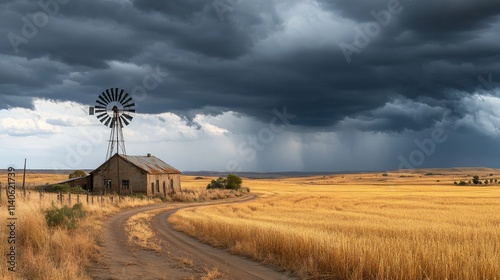 Approaching storm clouds over an abandoned farmhouse and golden field with windmill