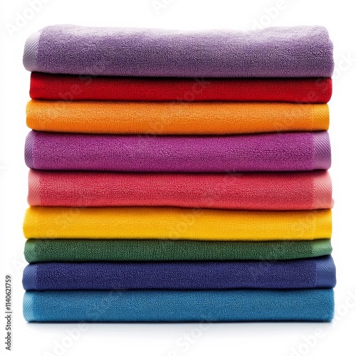 Colorful stacked towels arranged in a neat display on a white background for ...