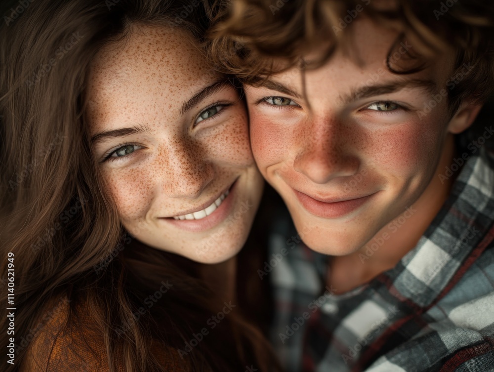 a young man and woman smiling with freckles