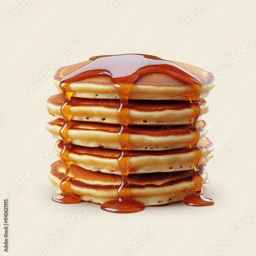 Stack of fluffy pancakes drizzled with syrup on a neutral background