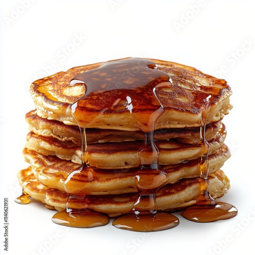 Stack of fluffy pancakes drizzled with syrup on a neutral background