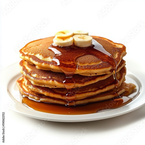 Stack of fluffy pancakes drizzled with syrup on a neutral background