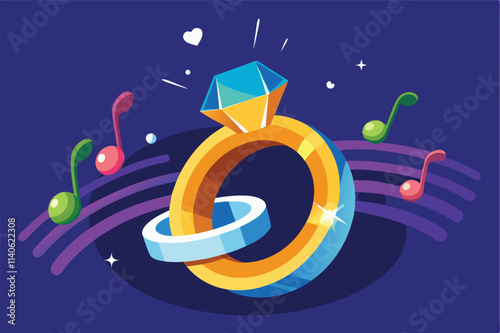 Stylish vector design of a diamond ring surrounded by musical notes on a deep blue background