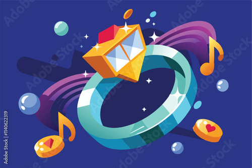Stylish vector design of a diamond ring surrounded by musical notes on a deep blue background