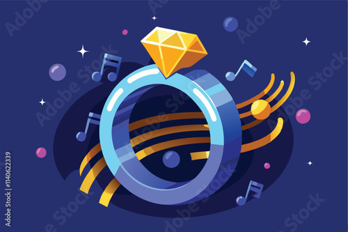Stylish vector design of a diamond ring surrounded by musical notes on a deep blue background
