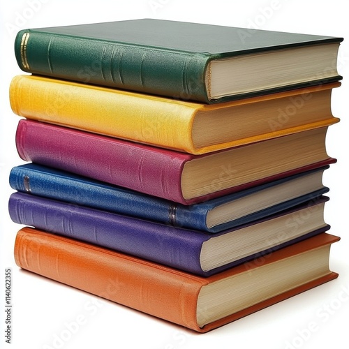 Colorful stack of vintage books resting on a flat surface in a well lit room