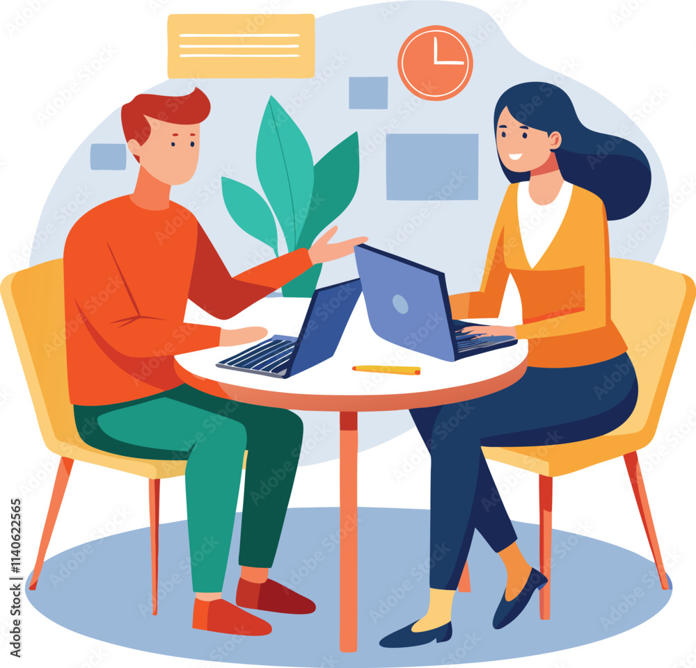 Partners meeting for business discussion with documents and laptop on desk. Couple at round table, speaking, discussing work, partnership. Flat vector on a white background Partners meeting for business discussion with documents and laptop on desk. Couple at round table, speaking, discussing work, partnership. Flat vector on a white background