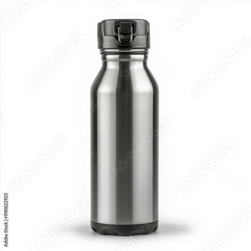 Water bottle made of stainless steel with a sleek design on a plain background