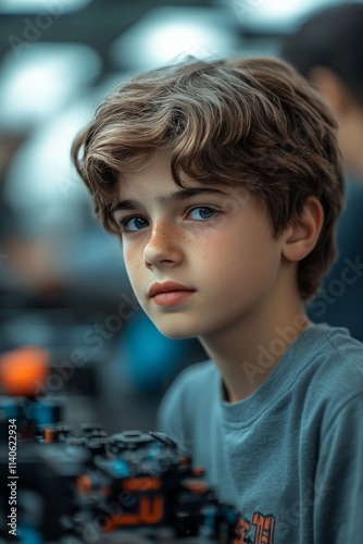 Young boy engaged in creative building activity at a workshop setting focused...