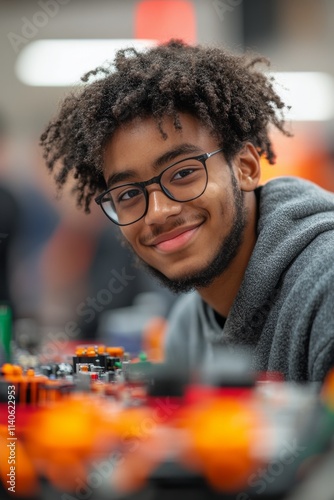 Young boy engaged in creative building activity at a workshop setting focused...