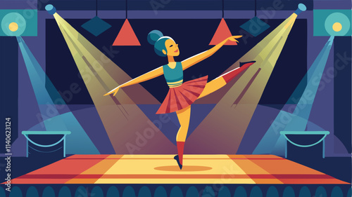 Elegant dancer performing on stage in a vibrant theater setting with colorful spotlights and a dynamic background