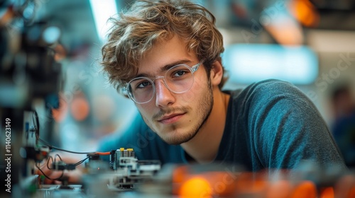 Young technician focused on assembling electronic components in a laboratory ...