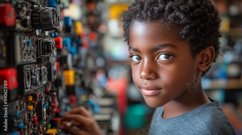 Young technician focused on assembling electronic components in a laboratory ...