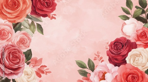 A beautiful floral arrangement featuring various roses on a soft pink background, perfect for decorative purposes or as a backdrop.