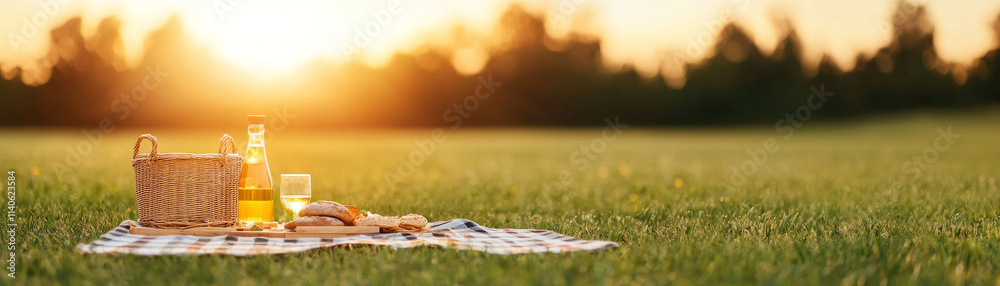 Fototapeta premium picnic setup with food and drinks on blanket in sunny field
