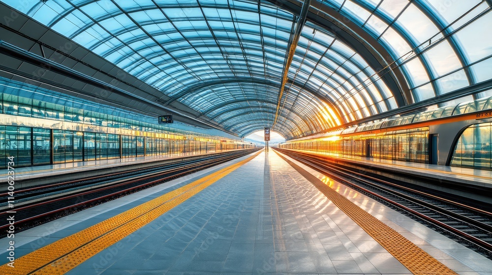 A high-speed train station with curved steel beams and glass canopies, designed for seamless traveler flow and aesthetic appeal A high-speed train station with curved steel beams and glass canopies, designed for seamless traveler flow and aesthetic appeal