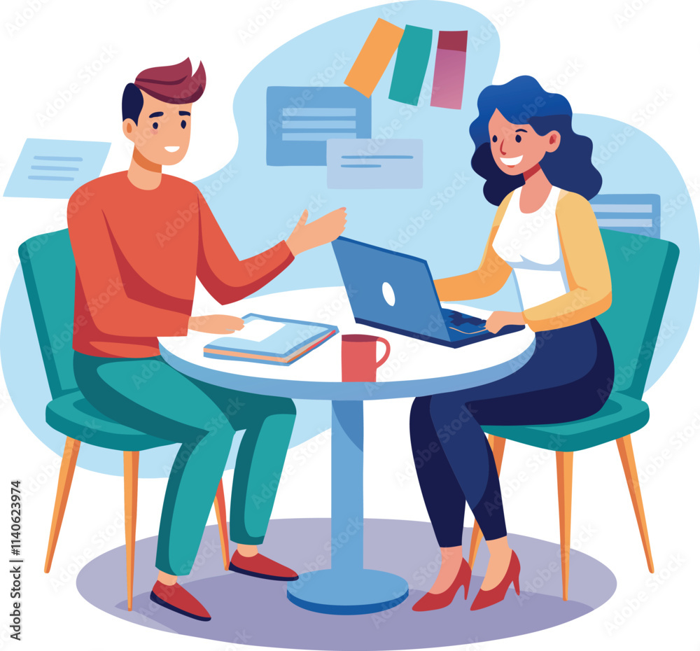 Partners meeting for business discussion with documents and laptop on desk. Couple at round table, speaking, discussing work, partnership. Flat vector on a white background Partners meeting for business discussion with documents and laptop on desk. Couple at round table, speaking, discussing work, partnership. Flat vector on a white background