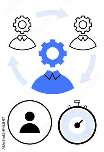 Human figures with gears represent collaboration, a central figure in blue, arrows depicting workflow, clock indicating time management. Ideal for team management, process efficiency, productivity