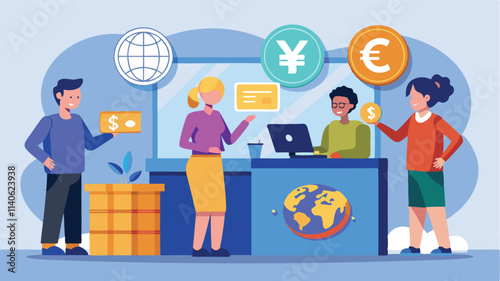 Business transaction at an international currency exchange involving diverse individuals and global currency symbols
