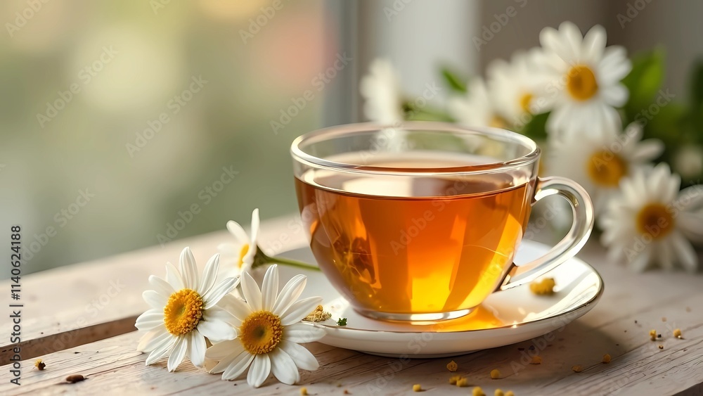 Arrangement featuring hot chamomile tea on a light wooden table Arrangement featuring hot chamomile tea on a light wooden table