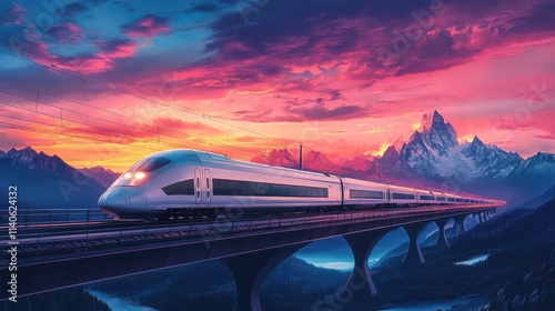 A high-speed train traveling across a bridge, with dramatic mountain peaks in the background under a vibrant sky