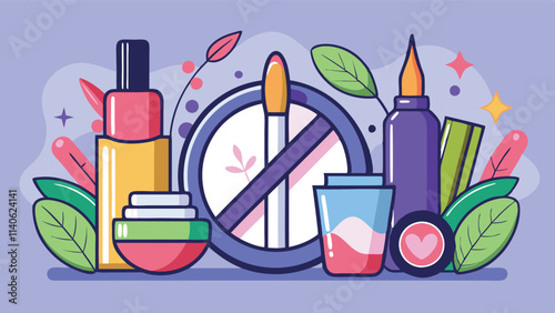 Colorful vector illustration featuring cosmetic products and natural elements promoting beauty and self-care in a vibrant and playful setting