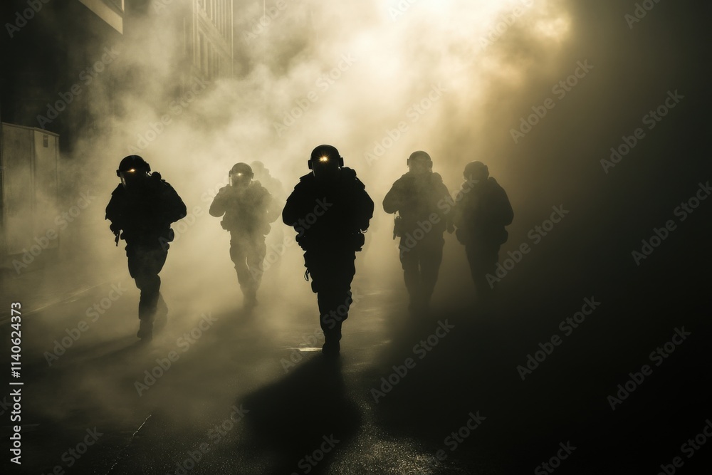 five figures in riot gear move through smoke five figures in riot gear move through smoke