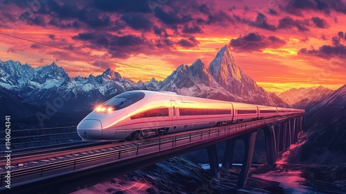 A high-speed train traveling across a bridge, with dramatic mountain peaks in the background under a vibrant sky