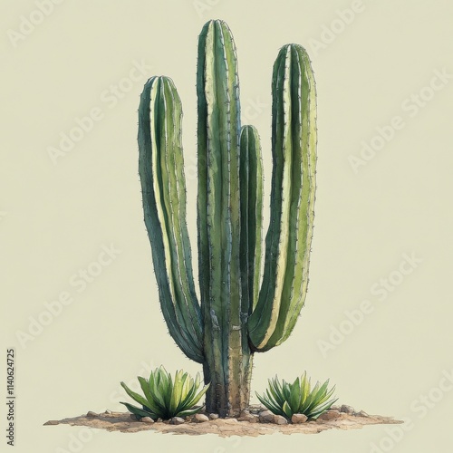 Tall and spiky cactus standing alone in a dry desert landscape during dayligh...