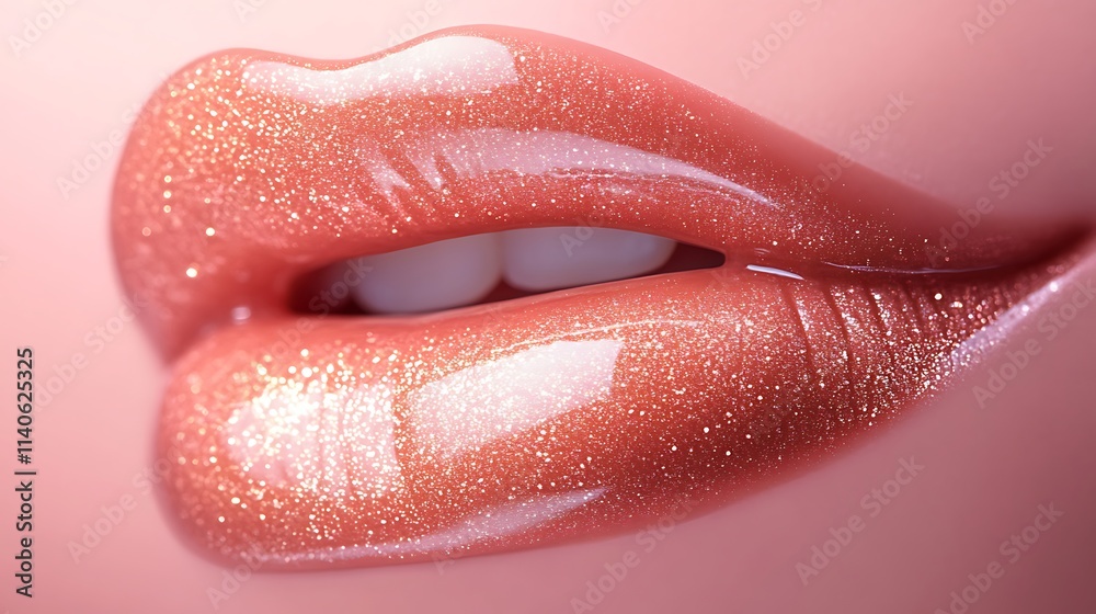 Fototapeta premium A soft focus close-up of lips with a warm rose tone, glossy and slightly parted, fine details of natural texture illuminated by diffused warm light, set against a blurred pastel pink backdrop,