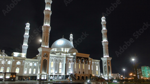 The Hazrat Sultan Mosque in Astana timelapse hyperlapse at night, Kazakhstan