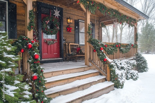 Cozy winter cabin decorated for the holidays in a snowy landscape