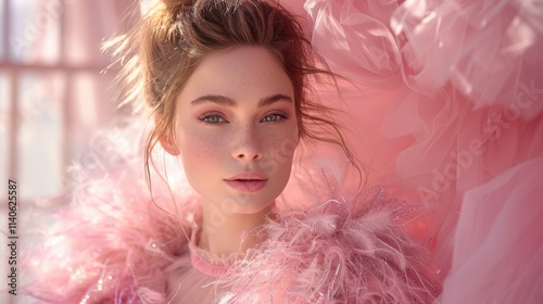 Portrait of a Woman Surrounded by Ethereal Pink Fabrics and Soft Light, Highlighting Her Delicate Features and Expressive Eyes in a Dreamlike Setting