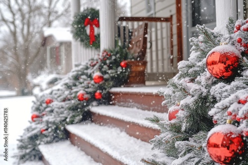 Cozy winter cabin decorated for the holidays in a snowy landscape