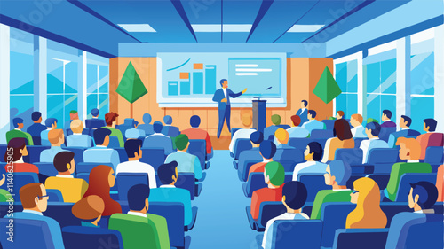 Professional speaker presenting to an engaged audience in a modern conference room during a business seminar