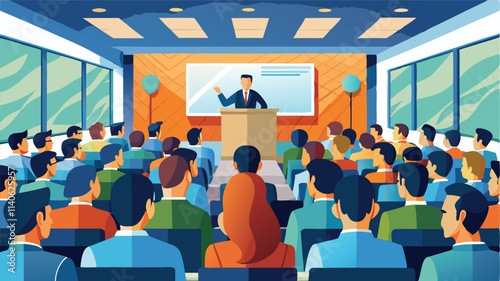 Professional speaker presenting to an engaged audience in a modern conference room during a business seminar
