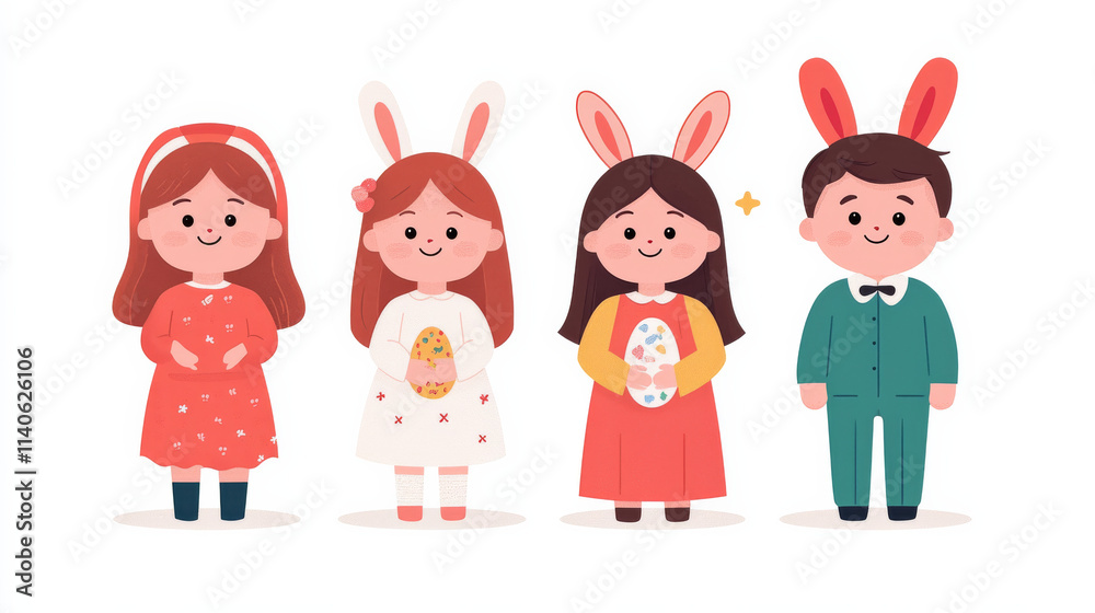 Cute children in bunny ears celebrating Easter with colorful eggs Cute children in bunny ears celebrating Easter with colorful eggs